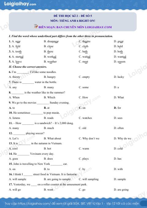 Đề thi học kì 2 Tiếng Anh 6 Right on! - Đề số 5